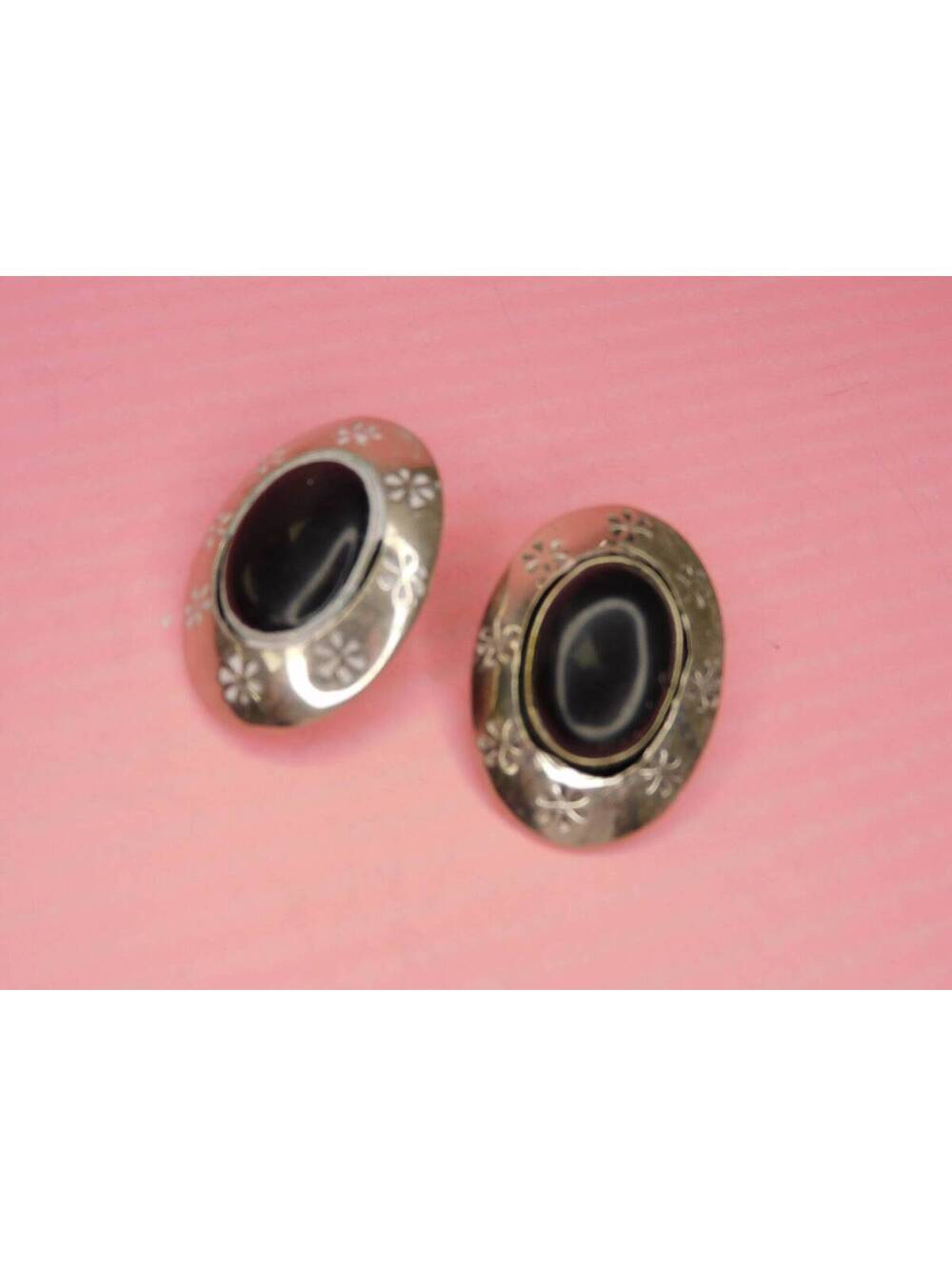 MEXICO Onyx and Silver Clip Oval Earrings